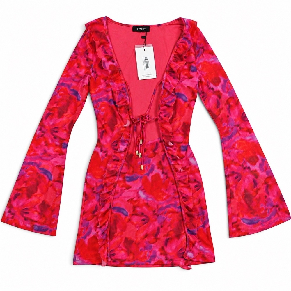 Outcast Ally Mini Dress Pink Laluna Floral Ruffle Cutout Tie Front Small NWT